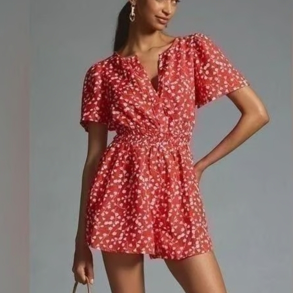 Anthropologie Red Floral Jumpsuit Linen Blend - Picture 1 of 12